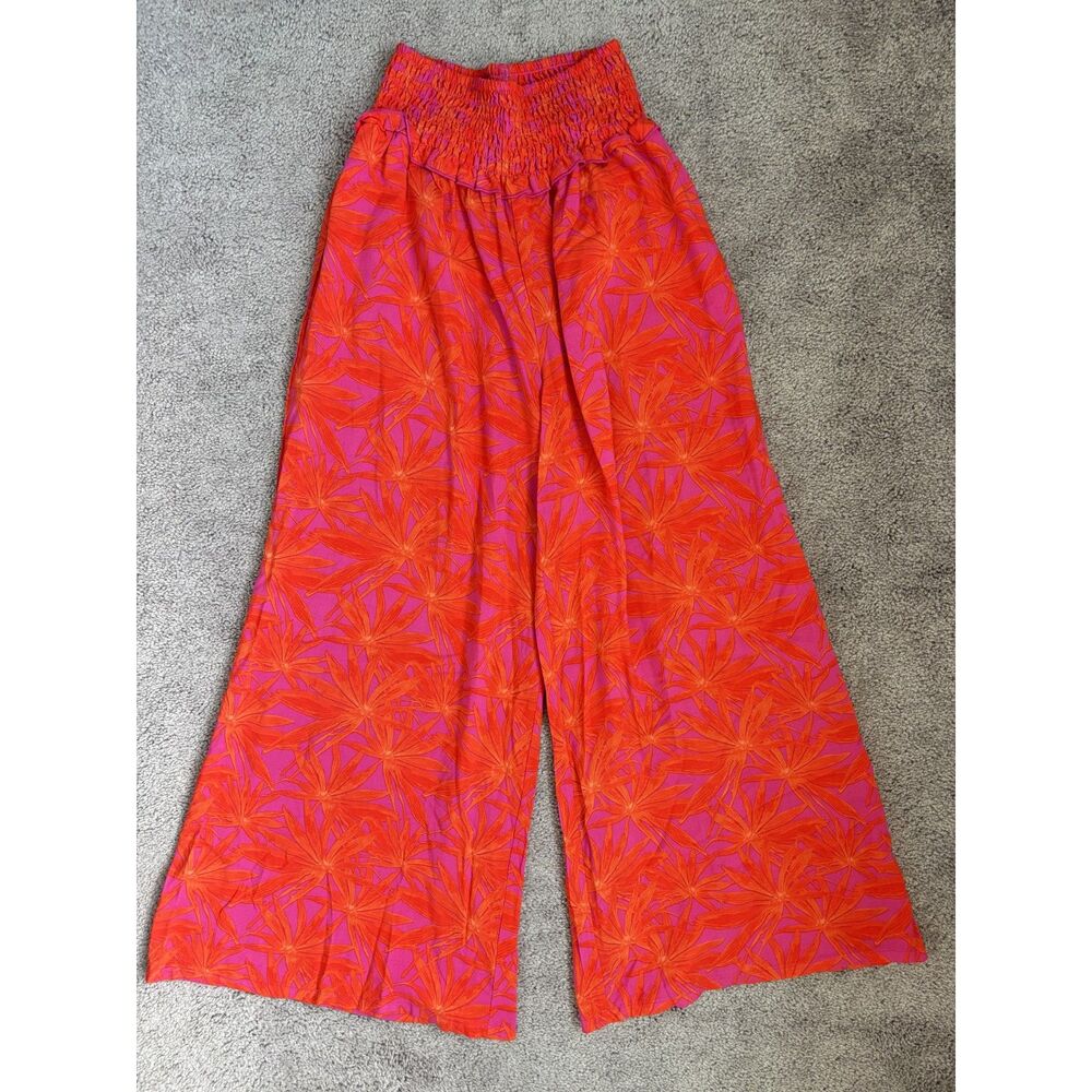 Caribbean Joe Wide Leg Tropical Pink Orange Palm Pants-Size S